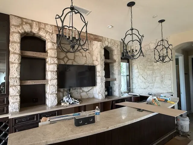 Tumbled stone media wall by CMF Masonry